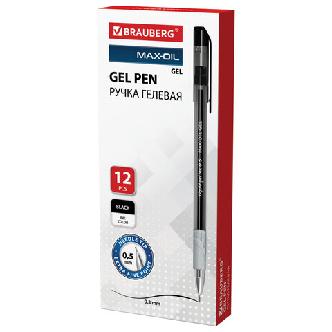 Ручка гелевая с грипом BRAUBERG "Max-Oil Gel", ЧЕРНАЯ, игольчатый узел 0,5 мм, линия письма 0,3 мм, 144260
