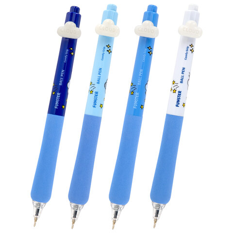 Ручки шариковые автоматические С УЛЬТРАМЯГКИМ ГРИПОМ FUNSTER (ФАНСТЕР) "COMFY GRIP", СИНИЕ, НАБОР 4 ШТ., узел 0,5 мм, линия 0,35 мм, 144473