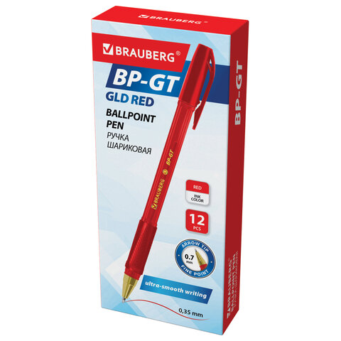 Ручка шариковая BRAUBERG BP-GT GLD RED, КРАСНАЯ, корпус тонированный, пишущий узел 0,7 мм, линия письма 0,35 мм, 144506