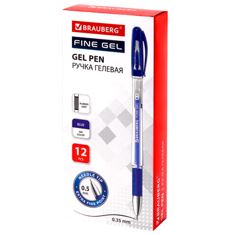 Ручка гелевая с грипом BRAUBERG "Fine Gel", СИНЯЯ, игольчатый узел 0,5 мм, линия письма 0,35 мм, 141179