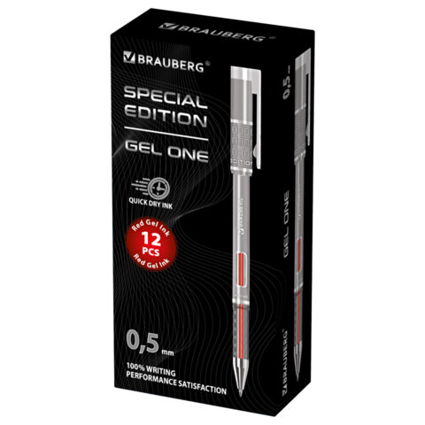 Ручка гелевая BRAUBERG "GEL ONE", КРАСНАЯ, стандартный узел 0,5 мм, линия письма 0,35 мм, 144038