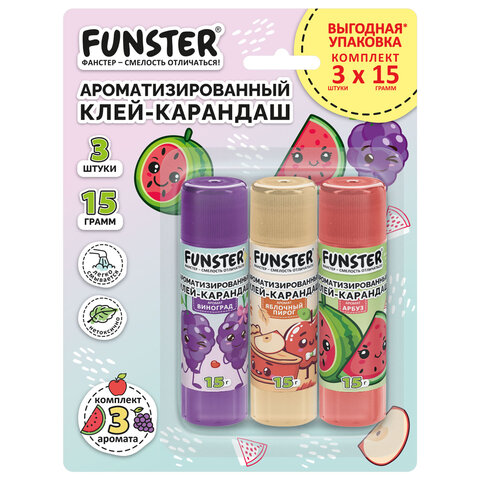 Клей-карандаш ароматизированный FUNSTER (ФАНСТЕР), яблоко, арбуз, виноград, 15 г, ВЫГОДНАЯ УПАКОВКА, 3 штуки на блистере, 274270