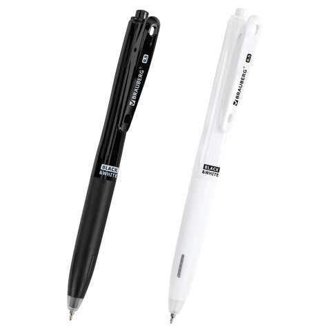 Ручка шариковая автоматическая С УДЛИНЕННЫМ ГРИПОМ BRAUBERG "BLACK & WHITE", СИНЯЯ, пишущий узел 0,5 мм, линия письма 0,35 мм, 144462