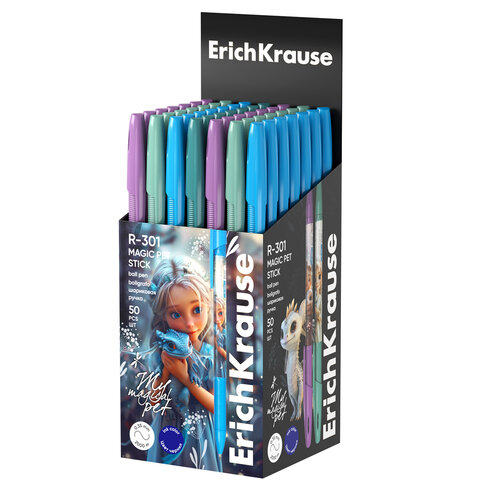 Ручка шариковая ERICH KRAUSE R-301 Stick "Magic Pet", СИНЯЯ, корпус ассорти, линия 0,35 мм, 63071