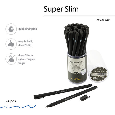 Ручка гелевая BRUNO VISCONTI "Super Slim Black", СИНЯЯ, узел 0,28 мм, линия 0,2 мм, 20-0398