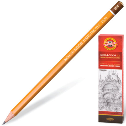 Карандаш чернографитный KOH-I-NOOR 1500, 1 шт., 8H, корпус желтый, заточенный, 150008H01170