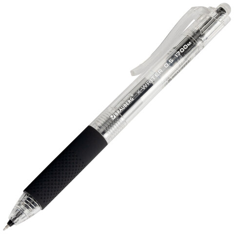 Ручка гелевая автоматическая BRAUBERG "X-WRITER 1700" УВЕЛИЧЕННАЯ ДЛИНА ПИСЬМА 1700 м, ЧЁРНАЯ, игольчатый узел 0,5 мм, линия 0,35 мм, 144472