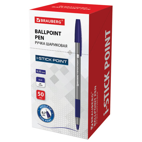 Ручка шариковая с грипом BRAUBERG "i-STICK POINT", СИНЯЯ, корпус серый, игольчатый узел 0,7 мм, линия письма 0,35 мм, 144021