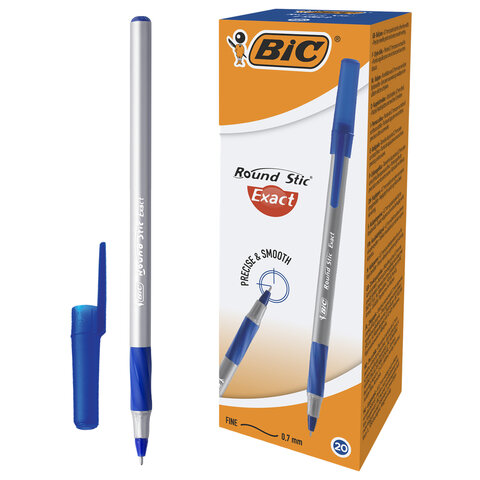 Ручка шариковая с грипом BIC "Round Stic Exact", СИНЯЯ, корпус серый, узел 0,7 мм, линия письма 0,28 мм, 918543