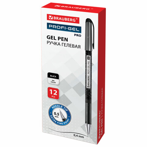 Ручка гелевая BRAUBERG "Profi-Gel PRO", ЧЕРНАЯ, линия письма 0,4 мм, игольчатый наконечник 0,5 мм, печать на корпусе, 144124