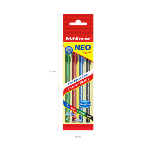 Ручки шариковые ERICH KRAUSE "Neo", набор 4 ЦВЕТА, 0,7 мм, европодвес, 47509