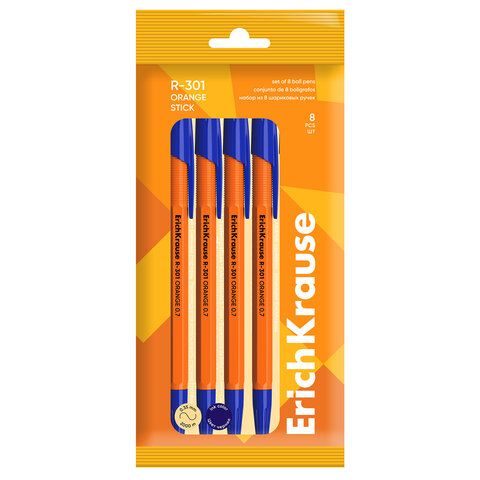 Ручки шариковые ERICH KRAUSE R-301 "Stick Orange", СИНИЕ, набор 8 штук, 0,7 мм, 56614