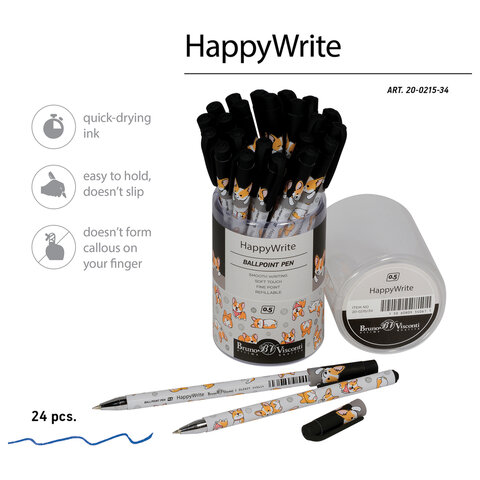 Ручка шариковая BRUNO VISCONTI HappyWrite, СИНЯЯ, "Корги", узел 0,5 мм, линия письма 0,3 мм, 20-0215/34