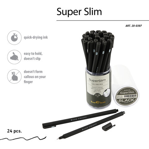 Ручка гелевая BRUNO VISCONTI "Super Slim Black", ЧЕРНАЯ, узел 0,28 мм, линия 0,2 мм, 20-0397