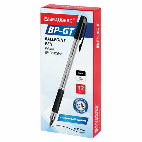 Ручка шариковая BRAUBERG "BP-GT", ЧЕРНАЯ, корпус прозрачный, евронаконечник 0,7 мм, линия письма 0,35 мм, 144006