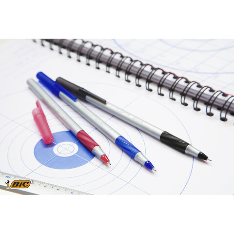 Ручки шариковые с грипом BIC "Round Stic Exact", НАБОР 4 шт./3 ЦВЕТА (синий, черный, красный), линия письма 0,28 мм, блистер, 932858