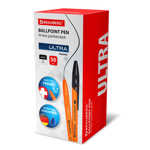 Ручка шариковая BRAUBERG "ULTRA ORANGE", ЧЕРНАЯ, узел 0,7 мм, чернила ГЕРМАНИЯ, наконечник ШВЕЙЦАРИЯ, 143563