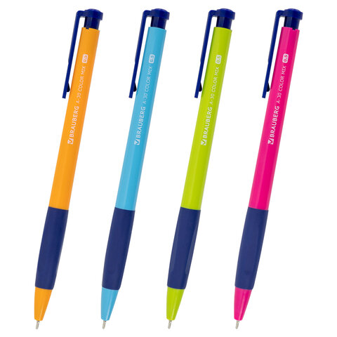 Ручки шариковые автоматические BRAUBERG A-30 COLOR MIX "WRITING 3.0", КОМПЛЕКТ 12 ШТ., СИНИЕ, узел 0,5 мм, линия 0,25 мм, 144342