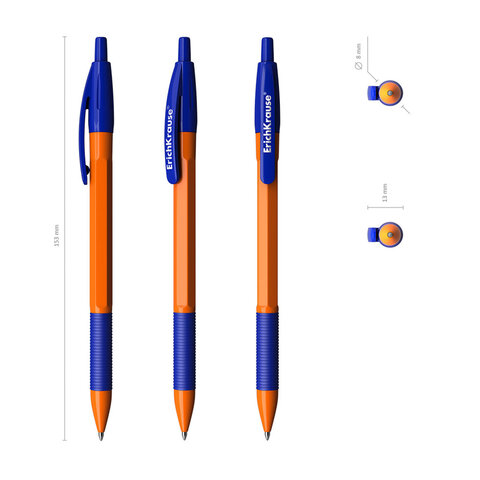 Ручка шариковая автоматическая с грипом ERICH KRAUSE "R-301 Orange", СИНЯЯ, узел 1,0 мм, линия письма 0,35 мм, 46762