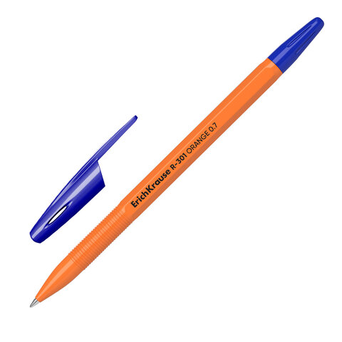 Ручка шариковая ERICH KRAUSE "R-301 Orange", СИНЯЯ, корпус оранжевый, узел 0,7 мм, линия письма 0,35 мм, 43194