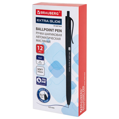 Ручка шариковая масляная автоматическая BRAUBERG "Extra Glide RT SOFT BLK", СИНЯЯ, игольчатый наконечник 0,7 мм, линия 0,5 мм, 144261