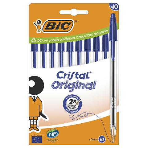 Ручки шариковые BIC "Cristal Original", НАБОР 10 шт., СИНИЕ, узел 1 мм, линия письма 0,32 мм, пакет, 830863