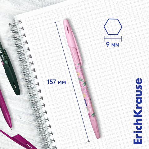 Ручка шариковая ERICH KRAUSE "R-301 Stick Floral" СИНЯЯ, синяя, корпус ассорти, линия 0,35 мм, 63077