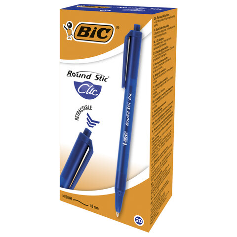 Ручка шариковая автоматическая BIC "Round Stic Clic", СИНЯЯ, узел 1 мм, линия письма 0,32 мм, 926376