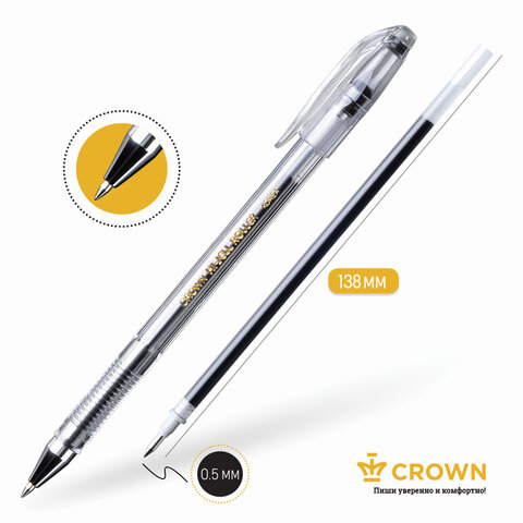 Ручка гелевая CROWN "Hi-Jell", ЧЕРНАЯ, корпус прозрачный, узел 0,5 мм, линия письма 0,35 мм, HJR-500B