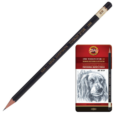 Карандаши чернографитные KOH-I-NOOR "Toison D'or", НАБОР 12 шт., 8B-2H, металлическая коробка, 1912012001PL, 1912012001PLRU