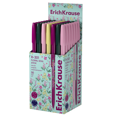 Ручка шариковая ERICH KRAUSE "R-301 Stick Floral" СИНЯЯ, синяя, корпус ассорти, линия 0,35 мм, 63077