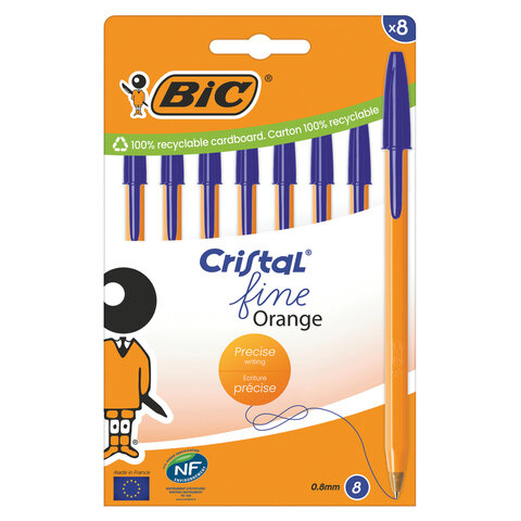 Ручки шариковые BIC "Orange Fine", НАБОР 8 шт., СИНИЕ, линия письма 0,3 мм, пакет, 919228/516351
