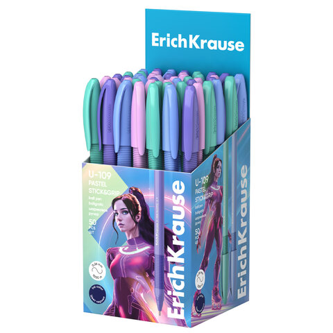 Ручка шариковая с грипом ERICH KRAUSE "U-109 Stick&Grip Pastel", СИНЯЯ, 58111