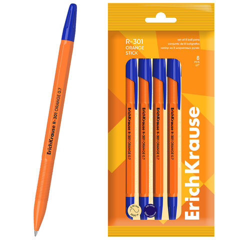 Ручки шариковые ERICH KRAUSE R-301 "Stick Orange", СИНИЕ, набор 8 штук, 0,7 мм, 56614