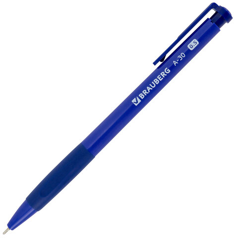 Ручка шариковая автоматическая BRAUBERG A-30 "WRITING 3.0", СИНЯЯ, пишущий узел 0,5 мм, линия письма 0,25 мм, 144339