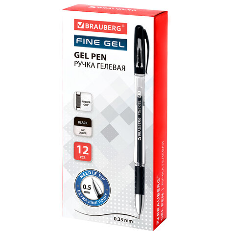 Ручка гелевая с грипом BRAUBERG "Fine Gel", ЧЕРНАЯ, игольчатый узел 0,5 мм, линия письма 0,35 мм, 141180