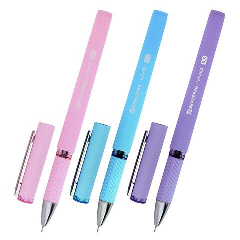 Ручки гелевые с грипом BRAUBERG "VIVID PASTEL", СИНИЕ, НАБОР 3 ШТ., игольчатый узел 0,5 мм, линия письма 0,35 мм, 144540