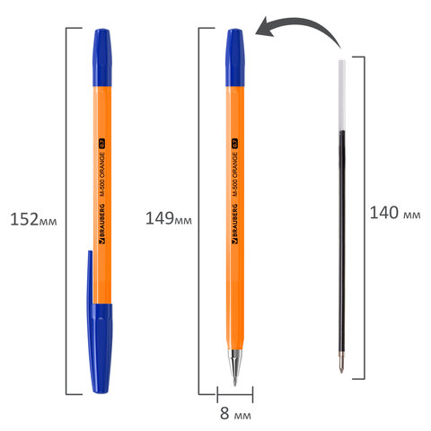 Ручка шариковая BRAUBERG "M-500 ORANGE", СИНЯЯ, корпус оранжевый, узел 0,7 мм, линия письма 0,35 мм, 143448